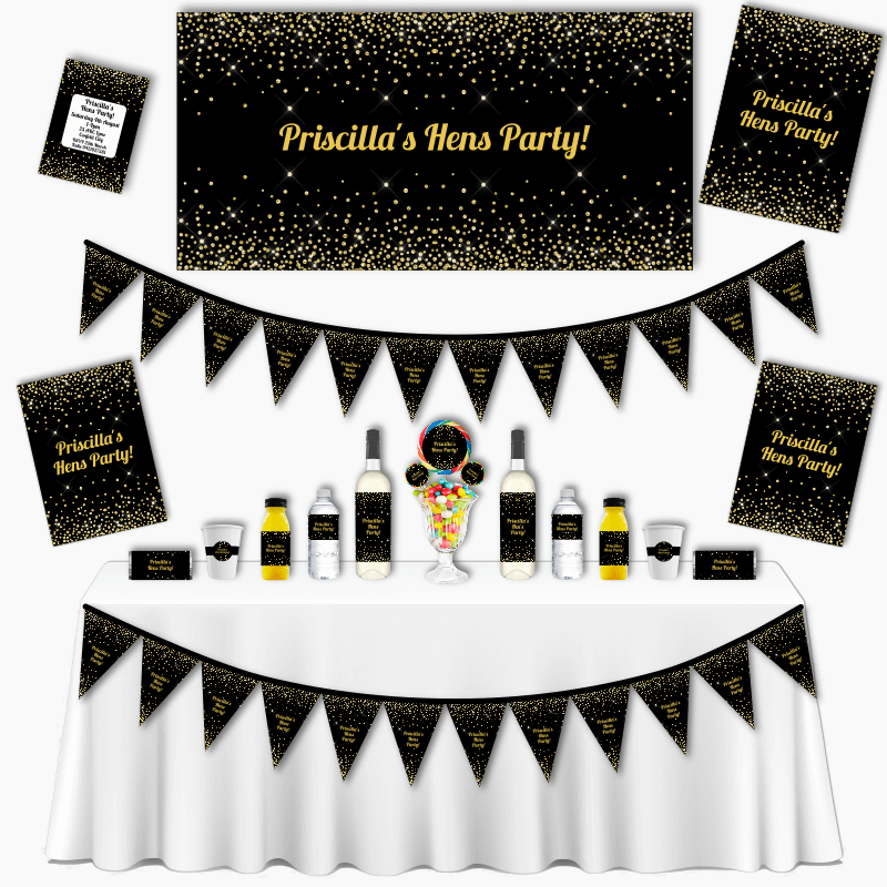 Personalised Black & Gold Confetti Hens Party Decorations