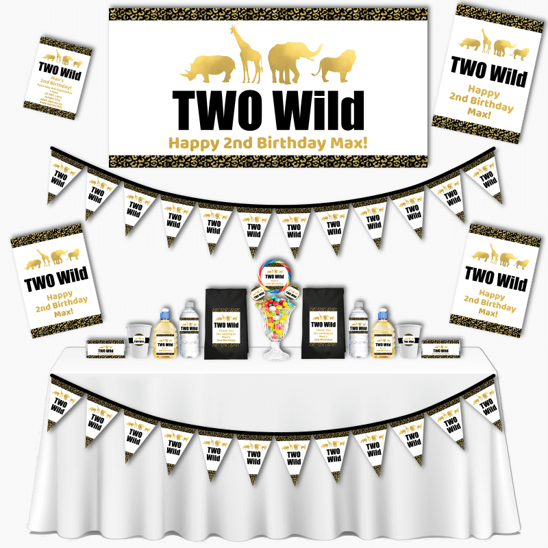 Personalised Black & Gold Two Wild Birthday Party Decorations