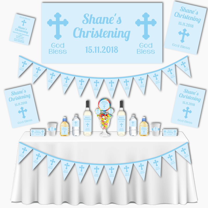 Personalised Blue Crucifix Christening Decorations