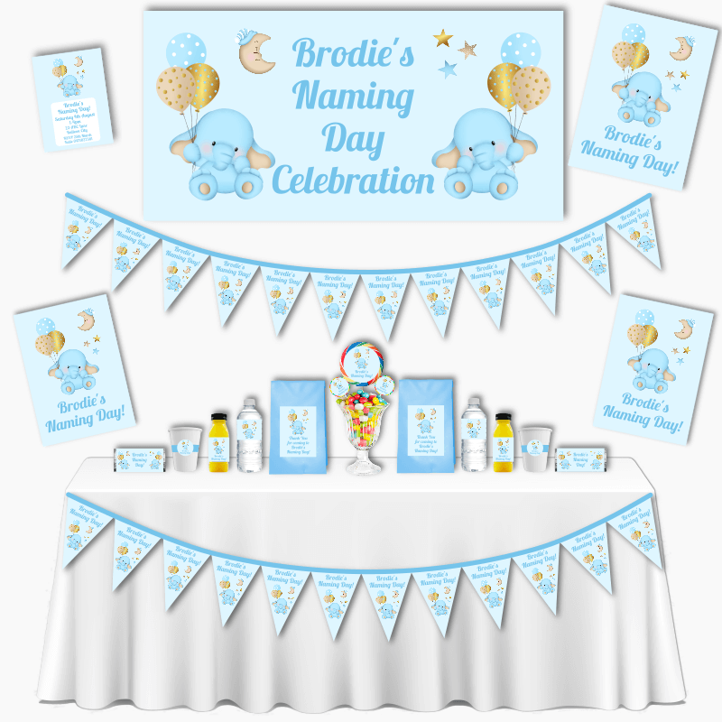 Personalised Blue Elephant Naming Day Decorations