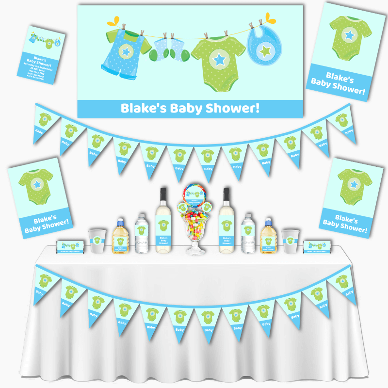 Personalised Blue & Green Onesie Baby Shower Decorations
