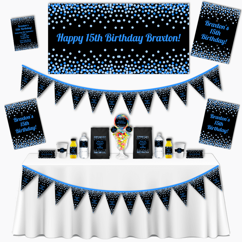 Personalised Blue & Black Confetti Kids Birthday Party Decorations