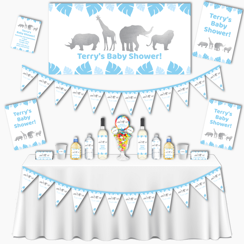 Personalised Blue & Silver Safari Animals Baby Shower Decorations