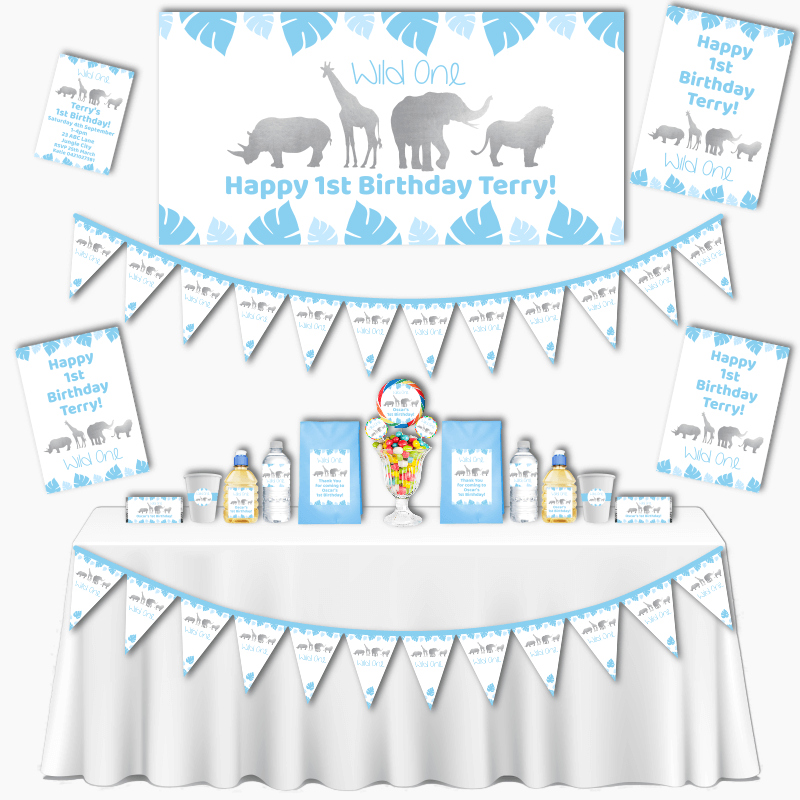 Personalised Blue & Silver Safari Animals Wild One Party Decorations