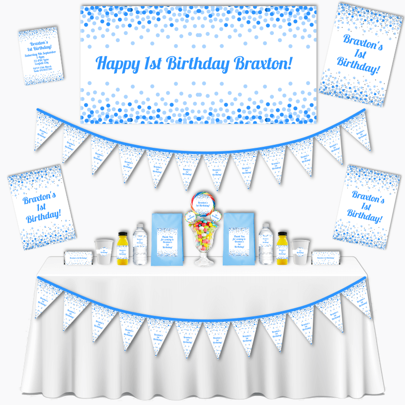 Personalised Blue & White Confetti Kids Birthday Party Decorations