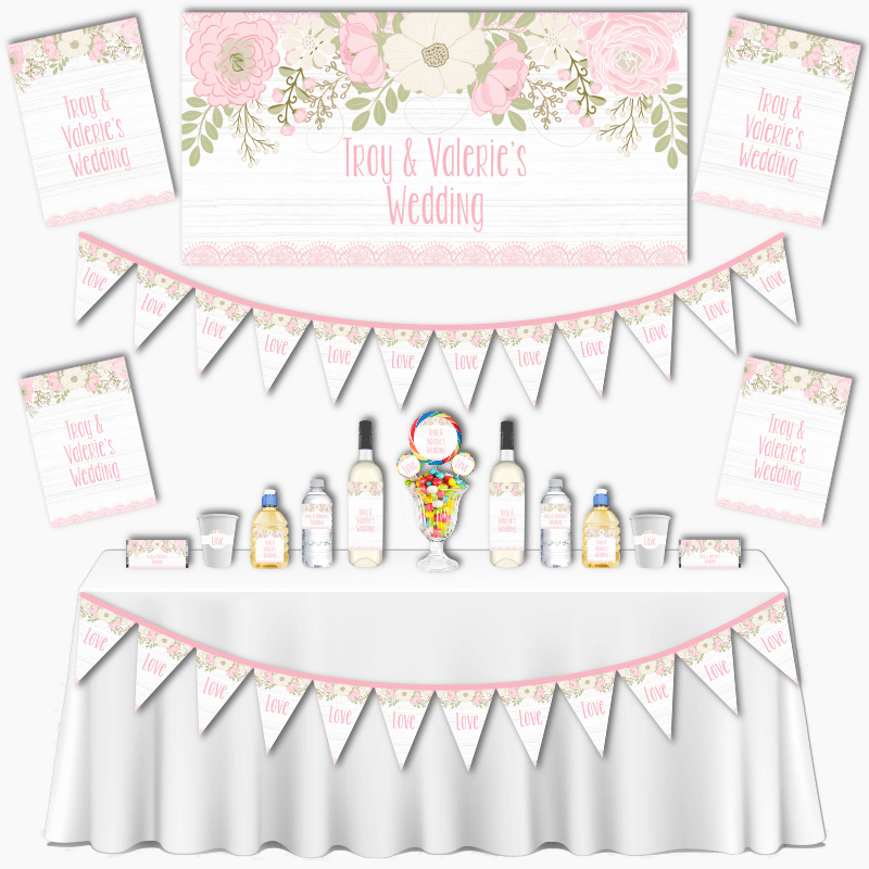 Personalised Boho Pink Floral & Lace Wedding Decorations