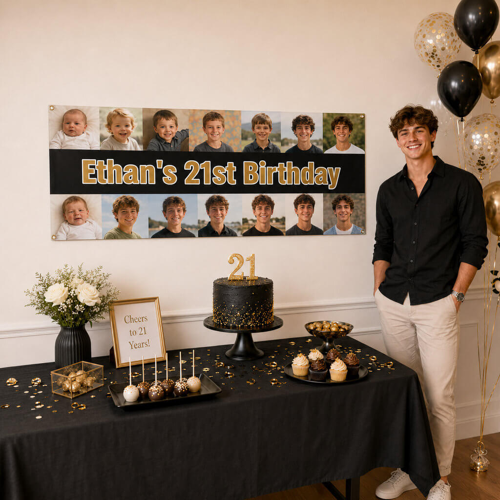 Personalised 21st birthday decorations with a custom photo collage banner, black and gold cake, balloons and party table setup