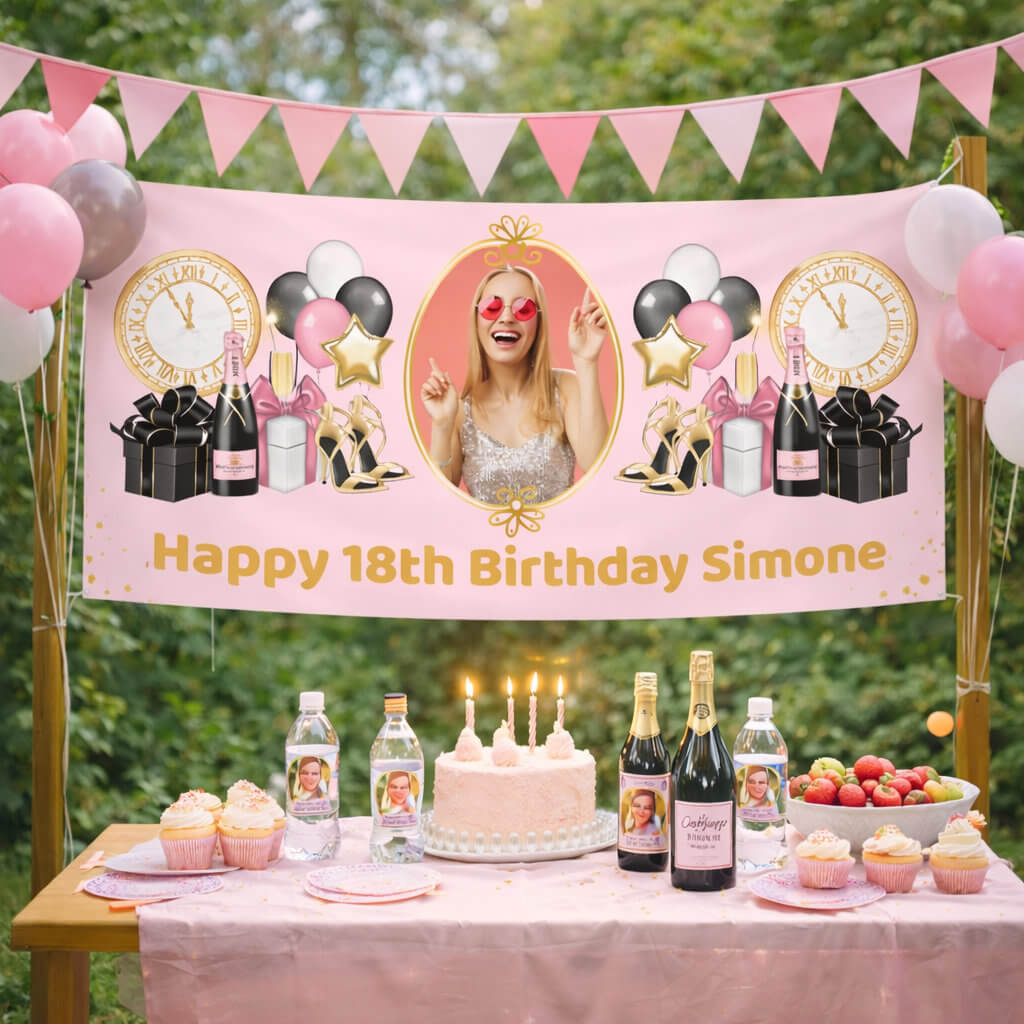 Personalised photo party decorations including banner, water bottle labels and chocolate labels at styled birthday party