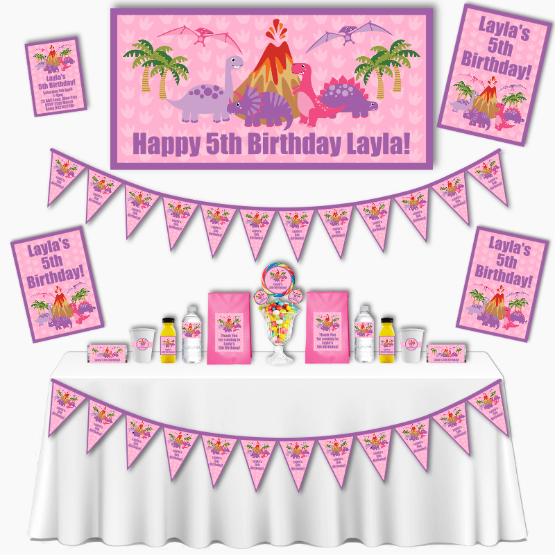 Personalised Pink Dinosaur Birthday Party Decorations