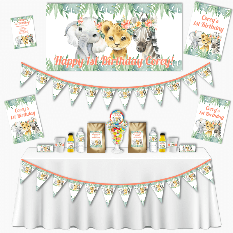 Personalised Floral African Animals Birthday Party Decorations