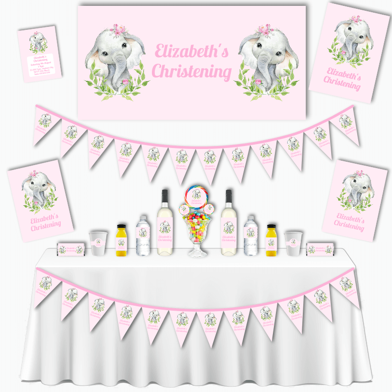 Personalised Pink Floral Elephant Christening & Baptism Decorations