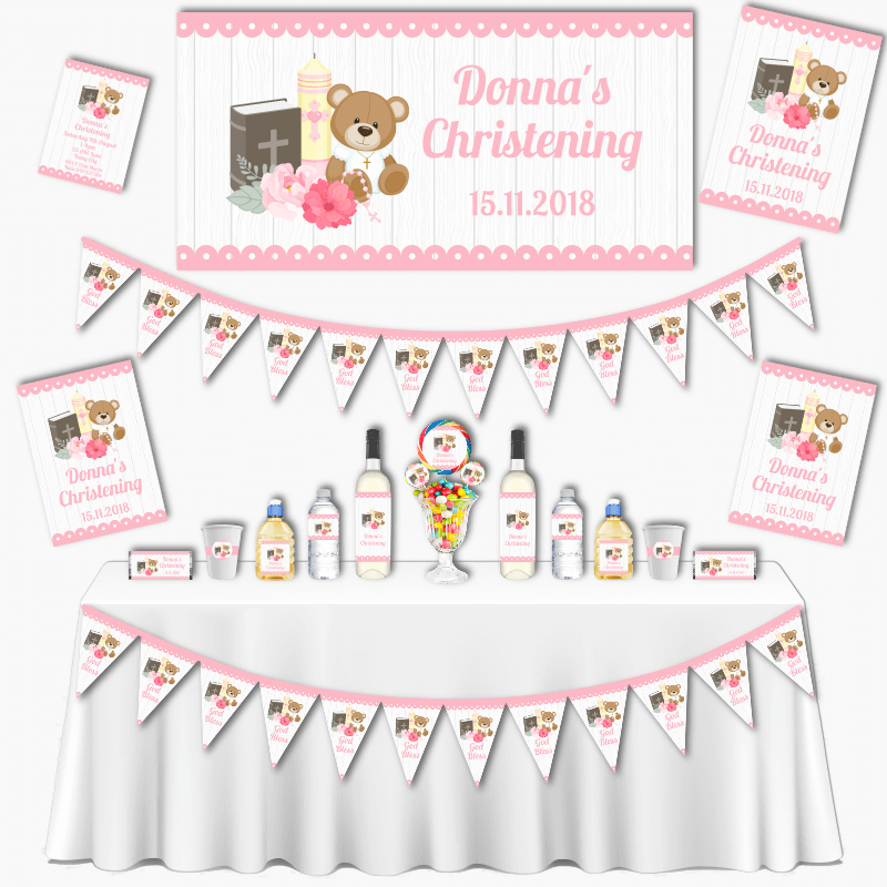 Personalised Girls Teddy Bear Christening Decorations