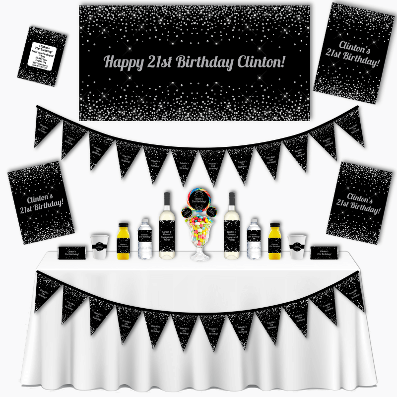 Personalised Black & Silver Confetti Birthday Party Decorations