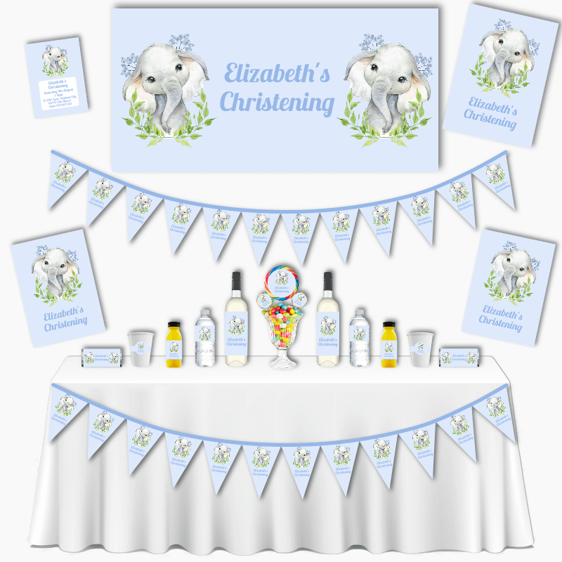 Personalised Blue Leaves Elephant Christening & Baptism Decorations