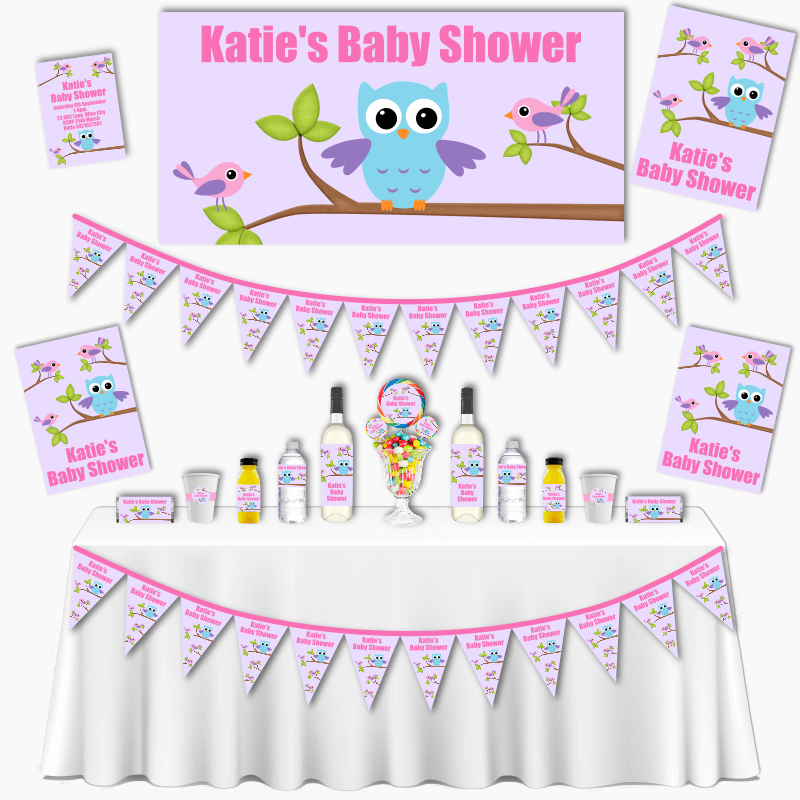 Personalised Girls Birds & Owl Baby Shower Decorations