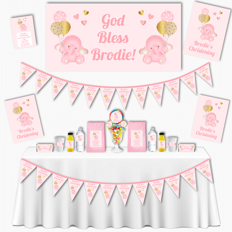 Personalised Pink Elephant Christening and Baptism Decorations