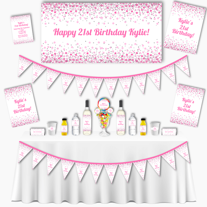 Personalised Pink & White Confetti Adult Birthday Party Decorations