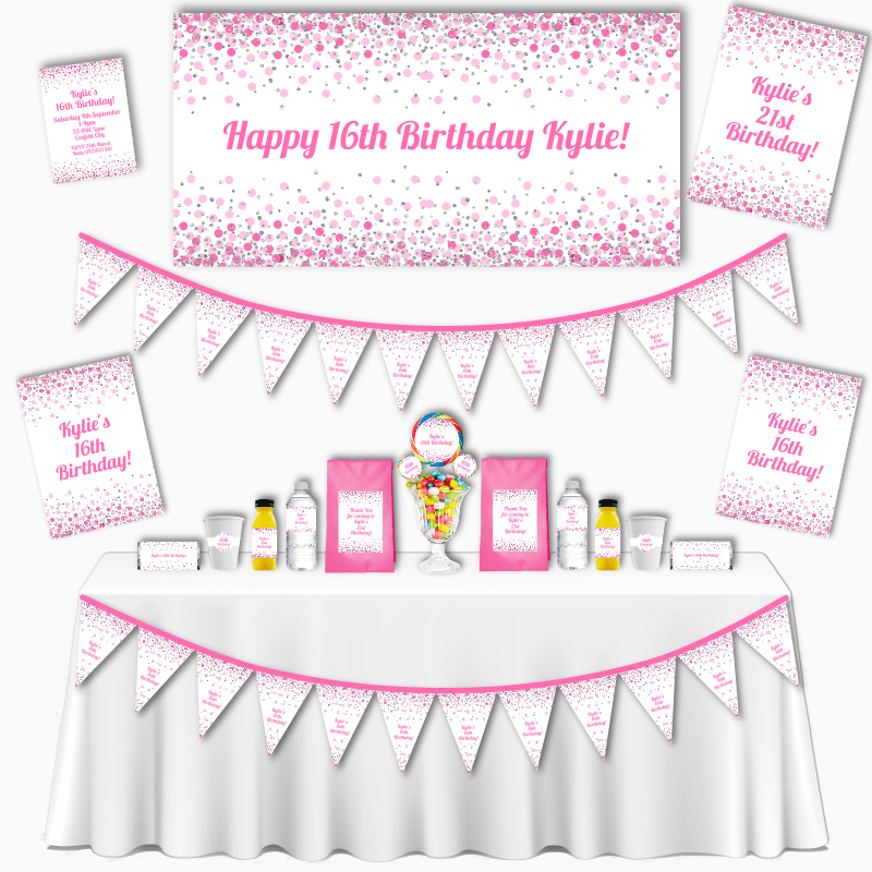 Personalised Pink & White Confetti Kids Birthday Party Decorations