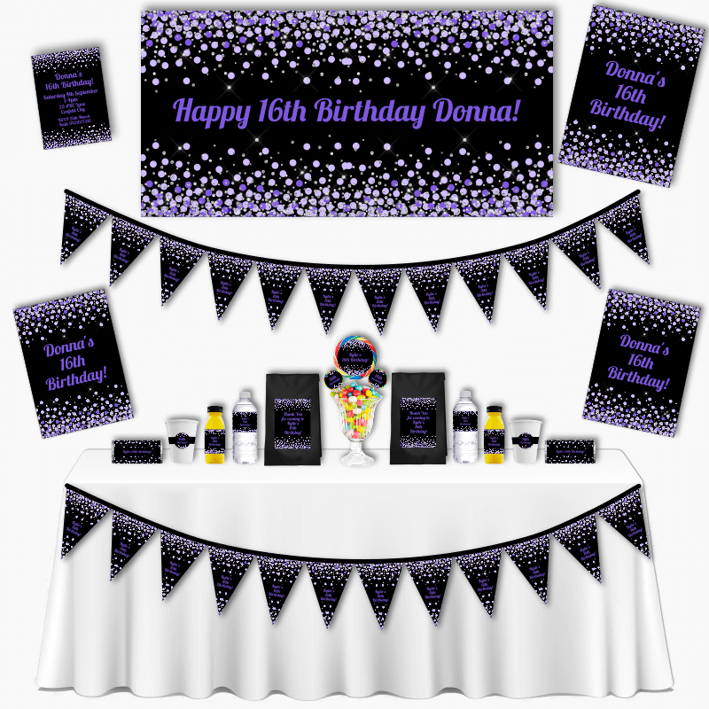 Personalised Purple & Black Confetti Kids Birthday Party Decorations