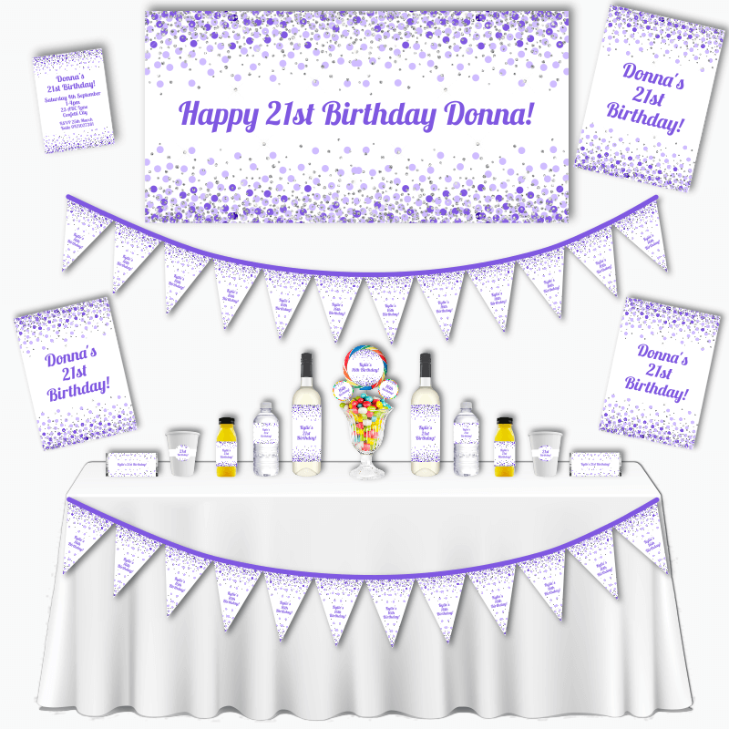 Personalised Purple & White Confetti Adult Birthday Party Decorations