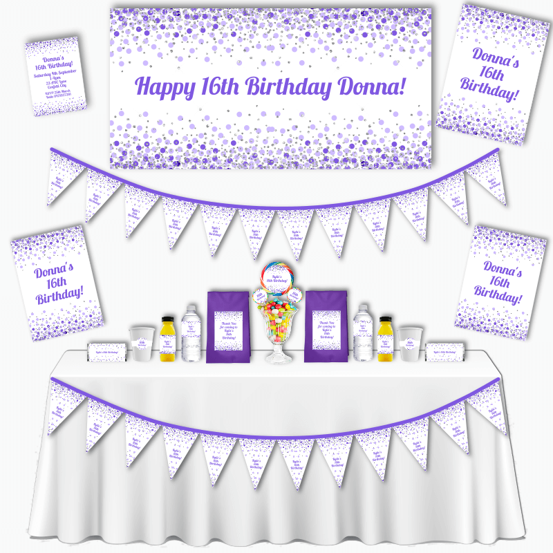 Personalised Purple & White Confetti Kids Birthday Party Decorations