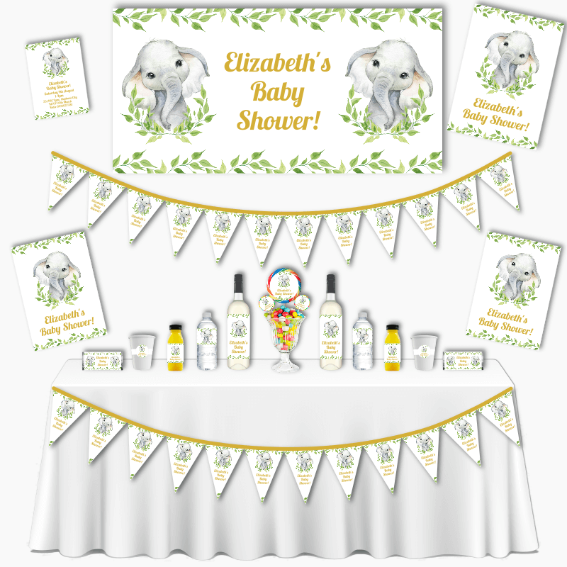 Personalised White Greenery Elephant Baby Shower Decorations