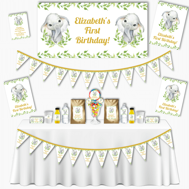 Personalised White Greenery Elephant Birthday Party Decorations
