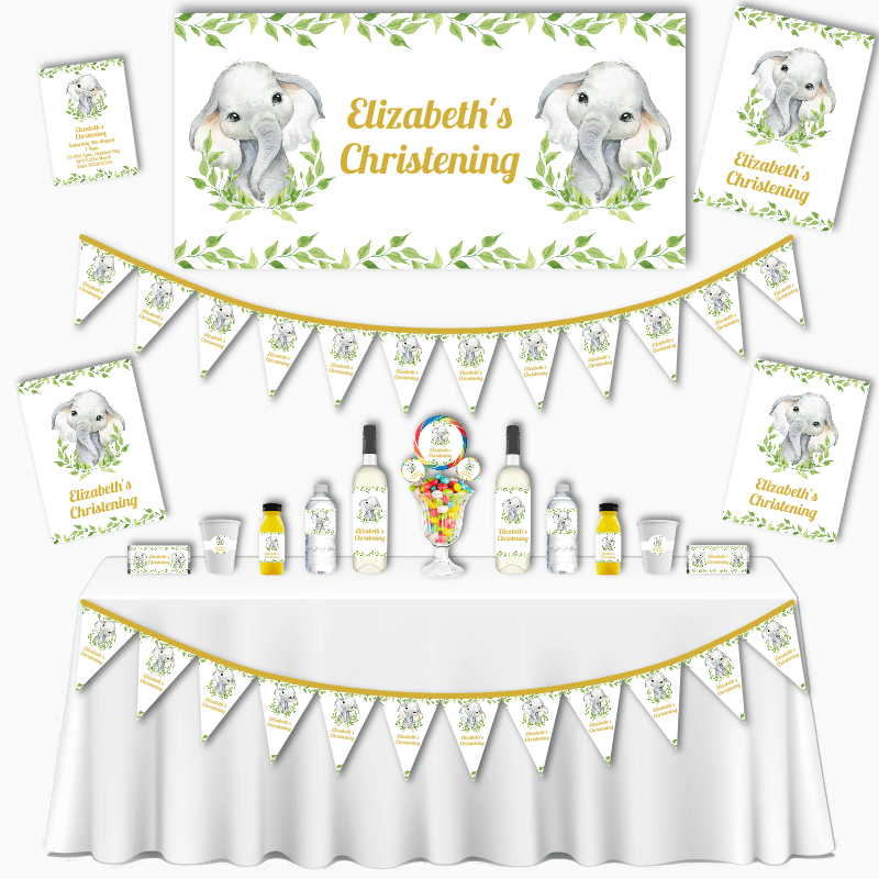 Personalised White Greenery Elephant Christening & Baptism Decorations