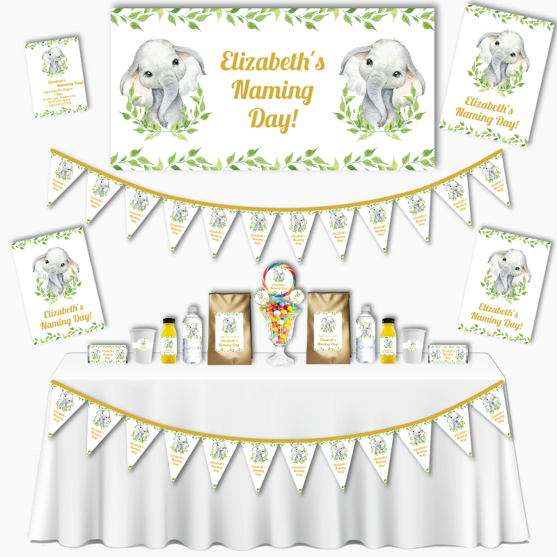 Personalised White Greenery Elephant Naming Day Decorations
