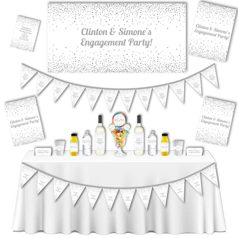Personalised White & Silver Confetti Engagement Party Decorations