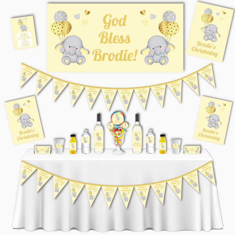 Personalised Yellow Elephant Christening and Baptism Decorations
