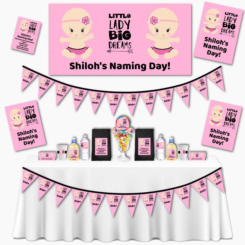 Personalised Little Lady Big Dreams Naming Day Decorations
