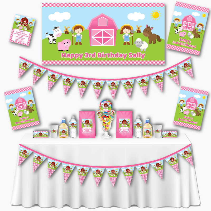 Personalised Pink Gingham Barnyard Animals Party Decorations