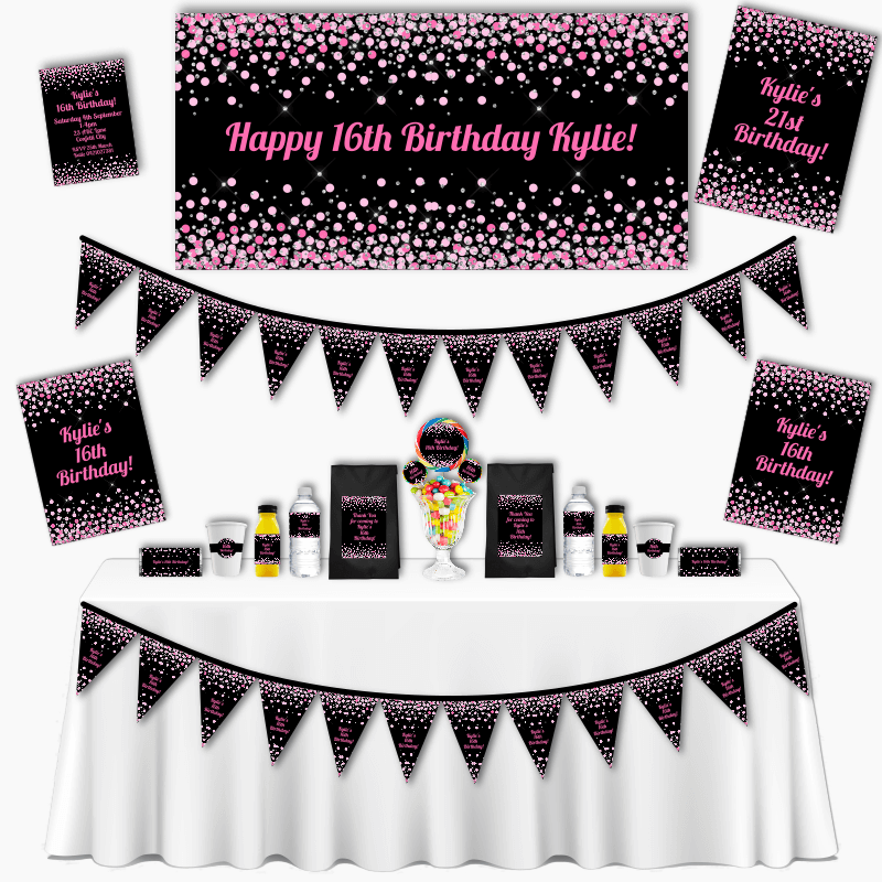 Personalised Pink & Black Confetti Kids Birthday Party Decorations