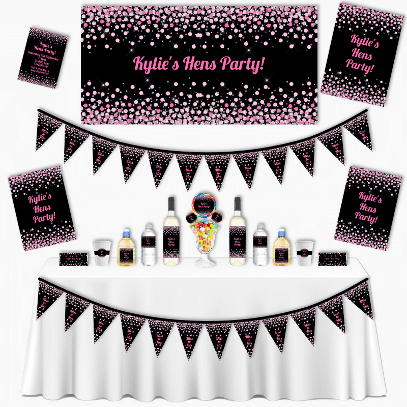 Personalised Pink, Black & Silver Confetti Hens Party Decorations
