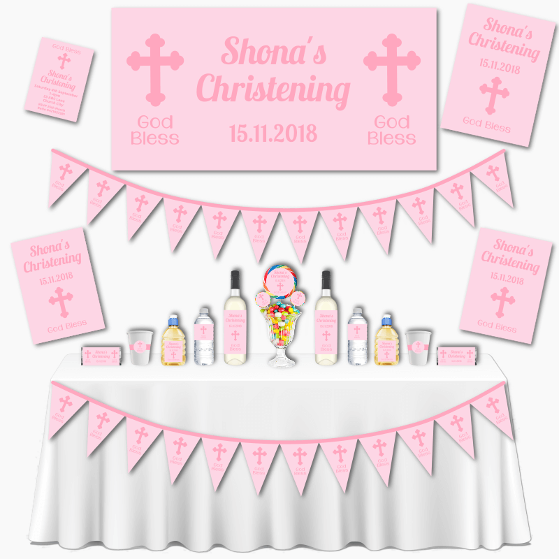 Personalised Pink Crucifix Christening Decorations