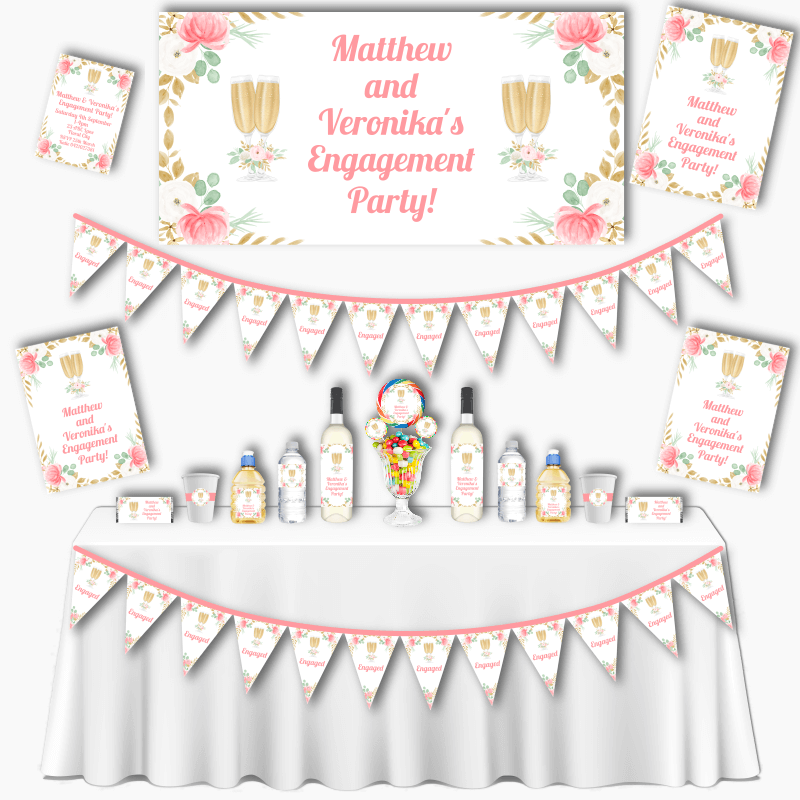 Personalised Pink & Gold Floral Engagement Party Decorations