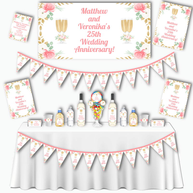 Personalised Pink & Gold Floral Wedding Anniversary Decorations