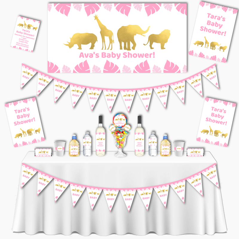 Personalised Pink & Gold Safari Animals Baby Shower Decorations