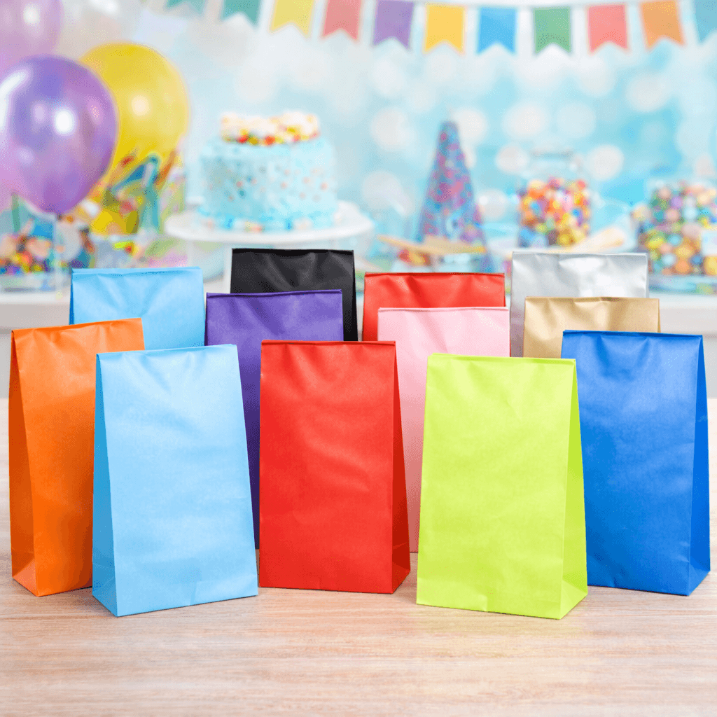 Colourful party bags in assorted colours displayed on a table for party favours and loot bags