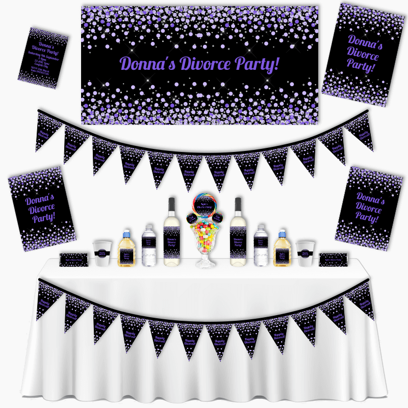 Personalised Purple, Black & Silver Confetti Divorce Party Decorations