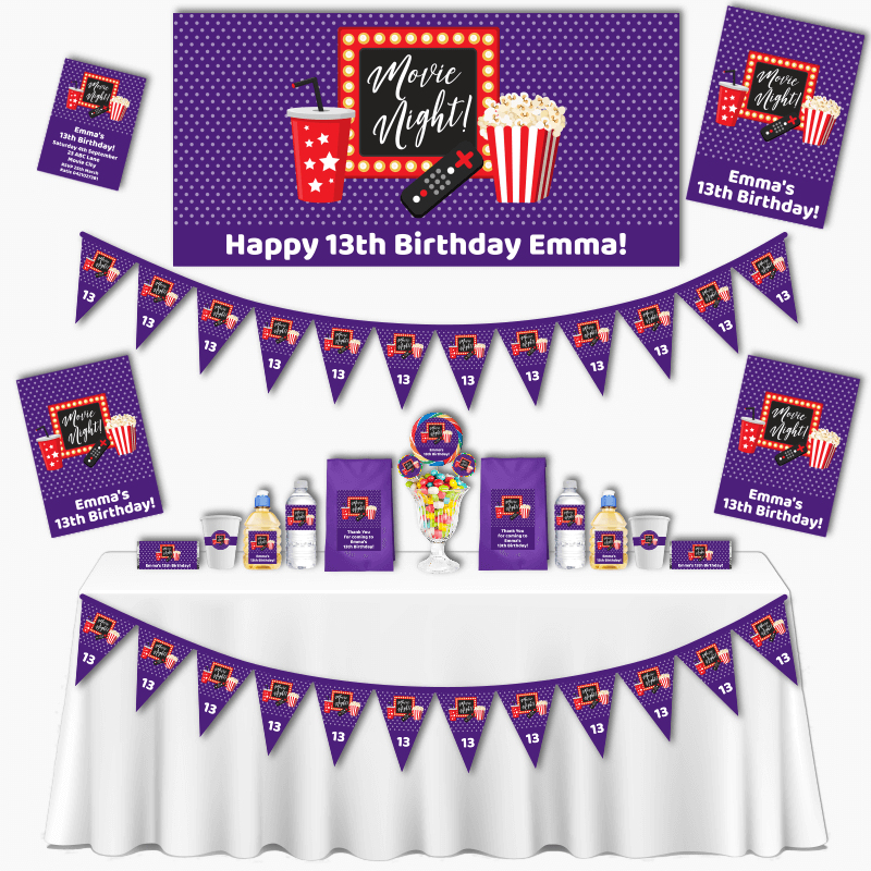 Personalised Purple Movie Night Birthday Party Decorations