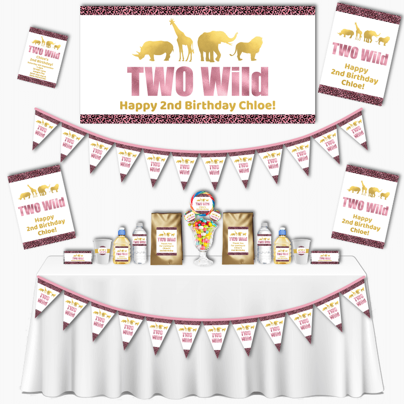 Personalised Rose Pink & Gold Two Wild Birthday Party Decorations
