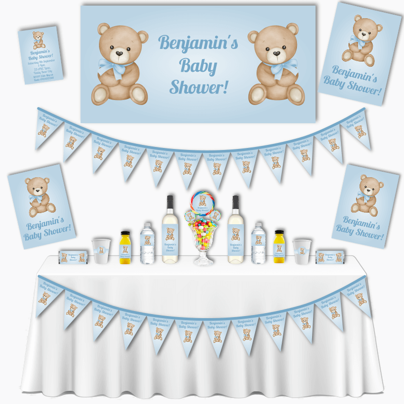 Personalised Blue Teddy Bear Baby Shower Decorations