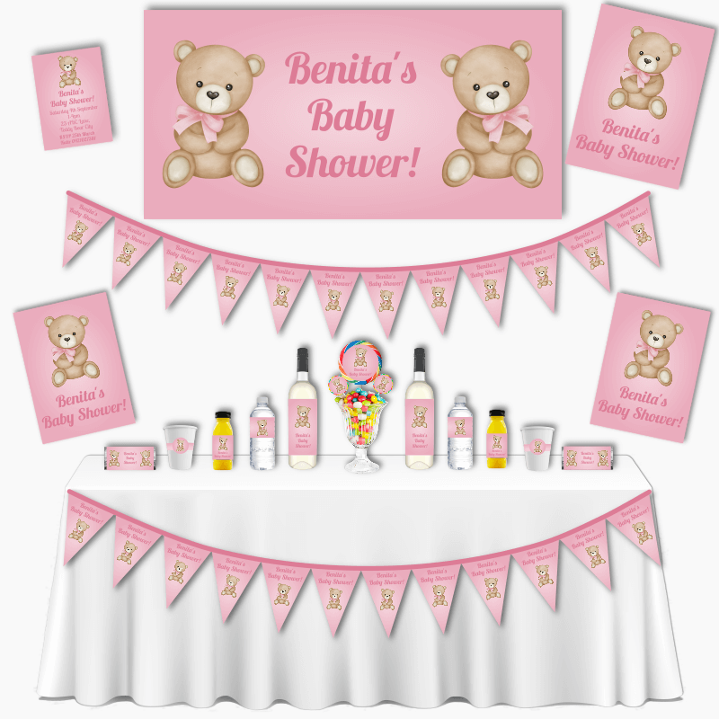 Personalised Pink Teddy Bear Baby Shower Decorations