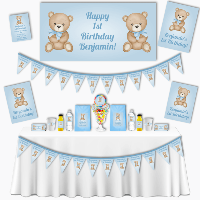 Personalised Blue Teddy Bear Birthday Party Decorations