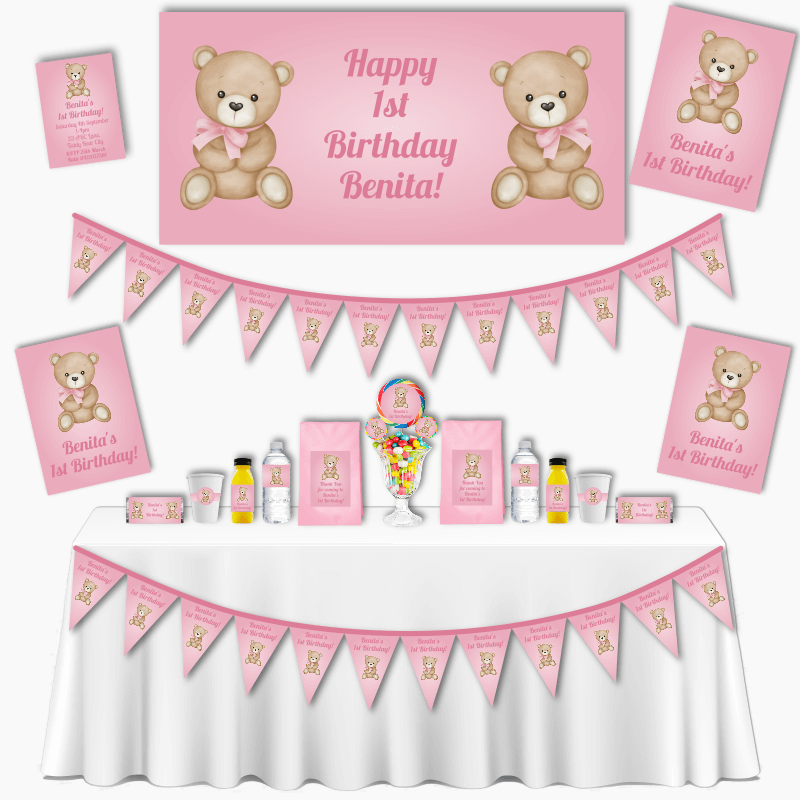 Personalised Pink Teddy Bear Birthday Party Decorations
