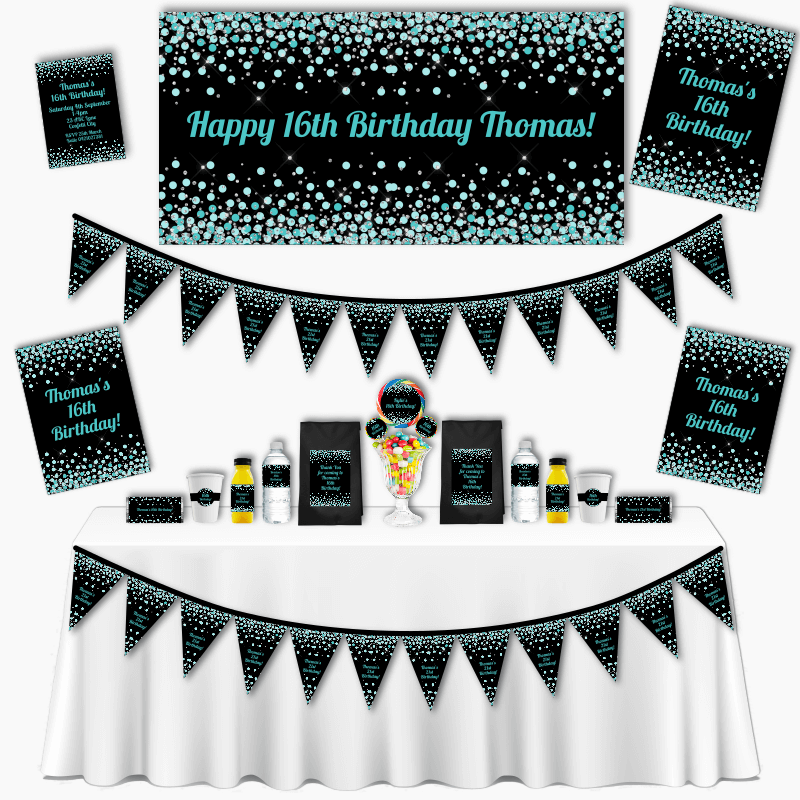 Personalised Green & Black Confetti Kids Birthday Party Decorations