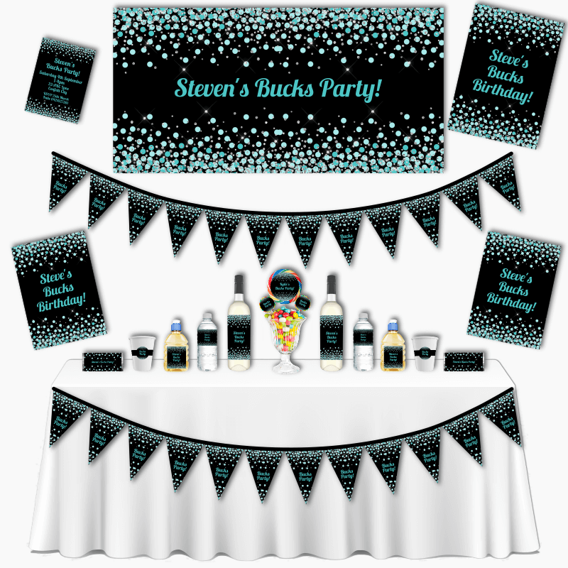 Personalised Turquoise, Black & Silver Confetti Bucks Party Decorations