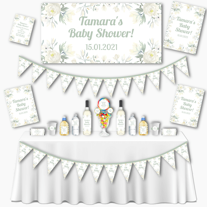 Personalised White Floral Baby Shower Decorations